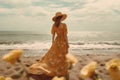 woman beautiful dress hippie vogue sea beach lifestyle fashion person summer. Generative AI. Royalty Free Stock Photo