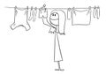 Person or Woman Hanging Clean Clothes on Line Using Pegs , Vector Cartoon Stick Figure Illustration