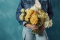 yellow woman floral hand sweater flower bouquet romantic white blue trendy. Generative AI. Royalty Free Stock Photo