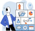Person work with abstract business system organizing data analyzing statistics. Business development