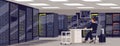 Person work at computer in data center in room with server racks for digital information storage. Internet hosting