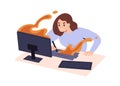 Person work hard at computer. Burning deadline concept. Busy woman hurrying, working in rush at desktop. Employee at PC