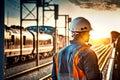 Person at work of railway transport with monitors work of trains