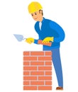 Worker Building Wall with Red brick and Cement