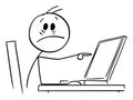 Shocked Person Working in Office and Pointing at Computer Display, Vector Cartoon Stick Figure Illustration