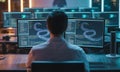 Person working on computer screens with code and graphical snake image Royalty Free Stock Photo