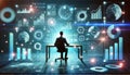 A person working at a desk made of floating holographic elements symbolizing remote work innovation, and digital transformation in Royalty Free Stock Photo