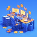 Person working desk multiple monitors scattered papers blue digital workspace Royalty Free Stock Photo