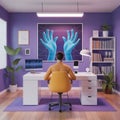 Person working at desk in purple room with digital art Royalty Free Stock Photo