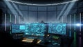 Person working in a dimly lit control room with multiple glowing computer monitors technology Royalty Free Stock Photo