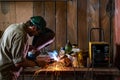 Person working with electric welding machine