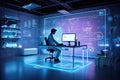 person, working in a futuristic workspace, with holographic background