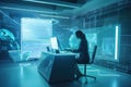 person, working in a futuristic workspace, with holographic background