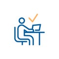 Person working with his computer at the desk. Vector thin line icon design illustration. Working remotely or business workspace,