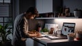 A person working on his project in the office on the refrigerator