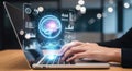 Person working on laptop with AI brain and data visualization Royalty Free Stock Photo