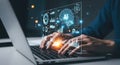 Person working on laptop with AI interface and data visualization Royalty Free Stock Photo