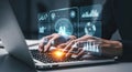 Person working on laptop with AI interface and data visualization Royalty Free Stock Photo