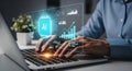 Person working on laptop with AI interface and data visualization Royalty Free Stock Photo