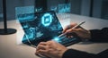 Person working on laptop with AI interface and data visualizations Royalty Free Stock Photo