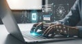 Person working on laptop with AI interface and neural network visualization Royalty Free Stock Photo