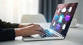 Person working on laptop with cloud computing and data network visualization Royalty Free Stock Photo