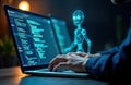 Person working on laptop. Coding artificial intelligence chat AI robots. Research for video content. Write reports, scripts.