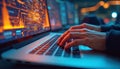 Person working on laptop. Computer program coding or data processing. Tech, IT, cyberspace, programming, software development, Royalty Free Stock Photo