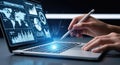 Person working on laptop with data analysis and business intelligence dashboard Royalty Free Stock Photo