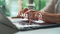 Person Working on Laptop with Data Lake Visualization and Analytics Elements in Office Environment. Asymptotic smart Royalty Free Stock Photo
