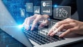 Person working on laptop with digital interface overlay showing data and AI concepts Royalty Free Stock Photo