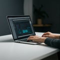 Person working on a laptop displaying coding or programming software, possibly Royalty Free Stock Photo