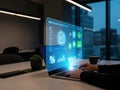 Person working on laptop with futuristic data analysis interface in modern office Royalty Free Stock Photo