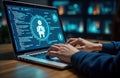 Person working on laptop. Hands typing on keyboard. Screen shows AI code, virtual robot figure. Person likely tech developer.