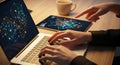 Person working on laptop and tablet with network visualization Royalty Free Stock Photo