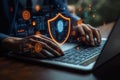 Person working on laptop. Person typing on laptop. Tech person protects personal data. Cybersecurity, privacy concepts appear on