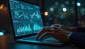 Person working late, typing on laptop, studying data charts graphs. Analysis, coding, programming, project development. Financial Royalty Free Stock Photo