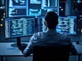 Person Working on Multiple Computer Screens with Code at Night Royalty Free Stock Photo