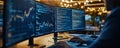A person working on multiple computer screens displaying data and coding in a modern workspace Royalty Free Stock Photo