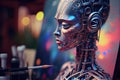 Person working on robot with pencil, creating cyborg design. Man designed robot, generative ai