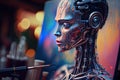 Person working on robot with pencil, creating cyborg design. Man designed robot, generative ai