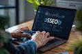 Person working on SEO strategy on a laptop, analyzing data and optimizing website performance in a professional setting