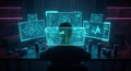 A person works at a cluttered desk with multiple computer monitors displaying graphs charts and a futuristic interface in a dimly Royalty Free Stock Photo