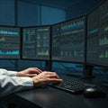 A person works diligently on a computer with multiple monitors displaying complex data visualizations
