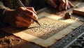 Person writing calligraphy with pen on aged paper. Arabic script creation process in workshop. Art with ink. Artistic expression, Royalty Free Stock Photo