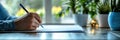 Creating notes on a beautiful morning with greenery and natural light illuminating the workspace. Generative AI Royalty Free Stock Photo