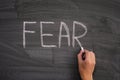 Person writing the word Fear on a blackboard