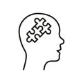 Person's Brain and Jigsaw, Creation Idea Concept Linear Pictogram. Solution in Human Head Line Icon. Thinking