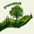 A person's hand holding a tree with the words green think on it