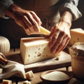 Person& x27;s hands holding a block of cheese on a wooden cutting board, with various types of cheese around.